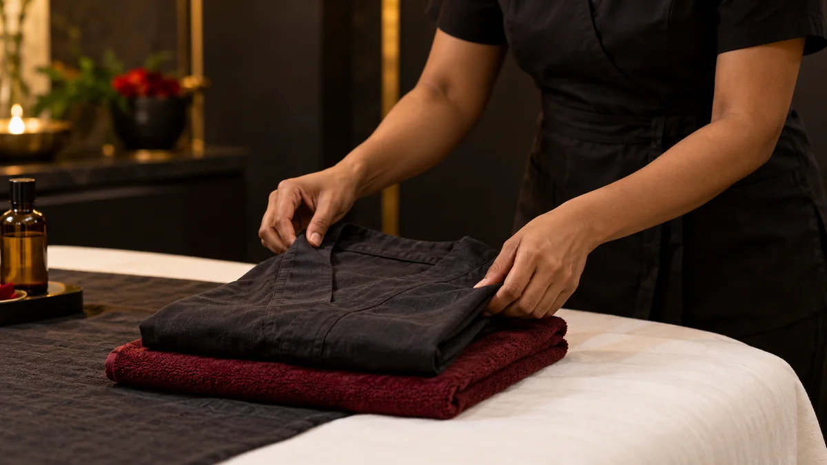 Therapist laying out folded clothing and towels on a massage table