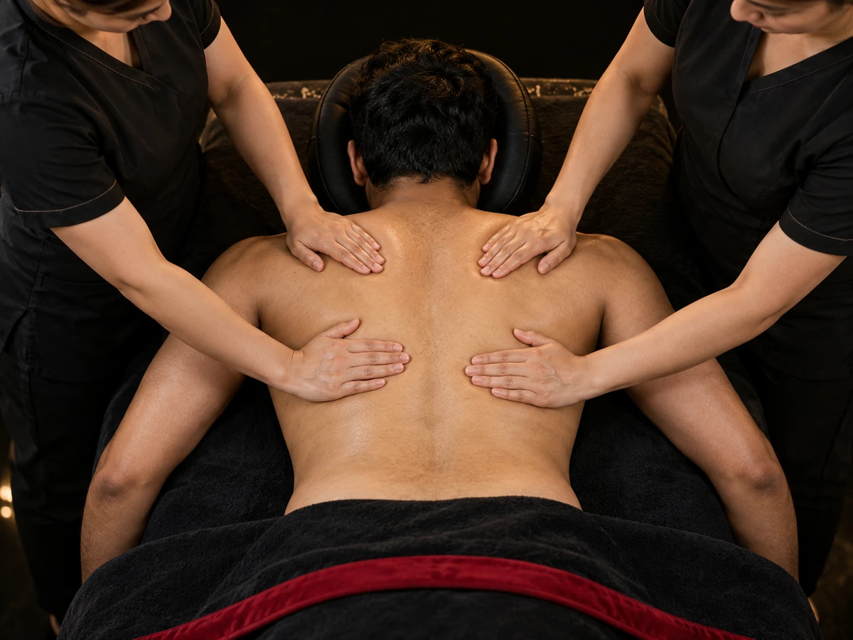 Two therapists applying coordinated hand pressure to one guest's back