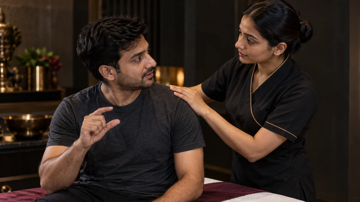 Guest discussing massage pressure with a therapist