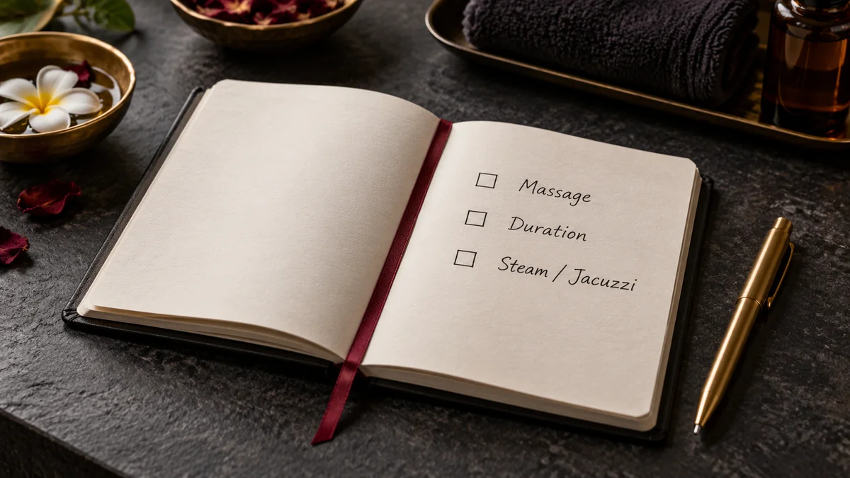 Notebook listing massage, duration and steam or jacuzzi choices