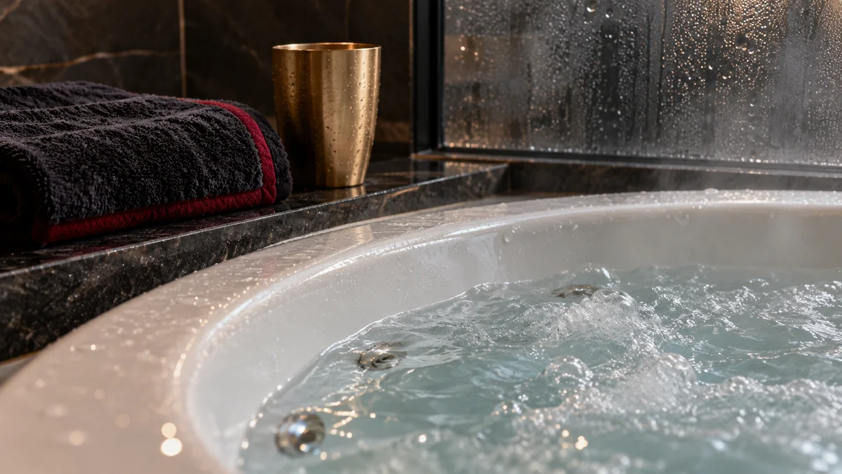Bubbling jacuzzi water with folded towels beside it