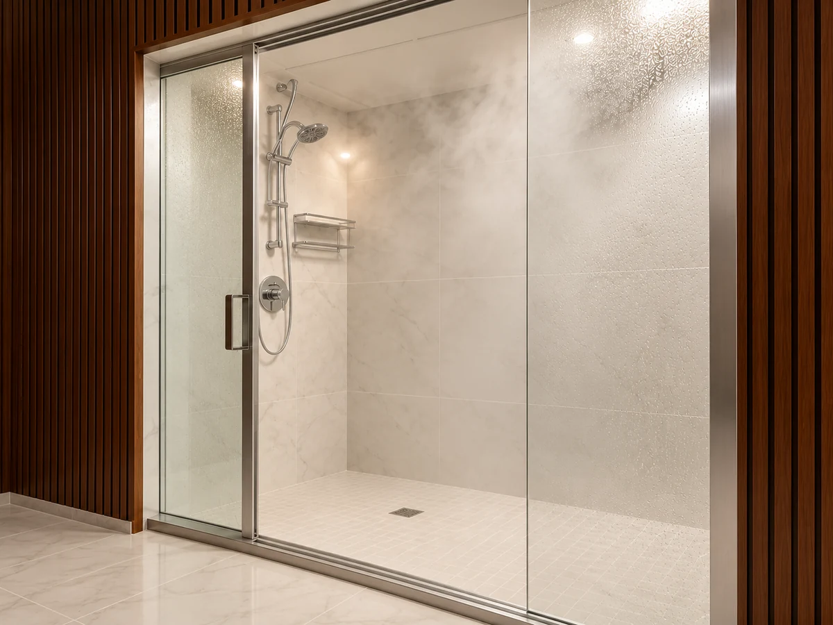 Glass steam enclosure with a shower and tiled floor
