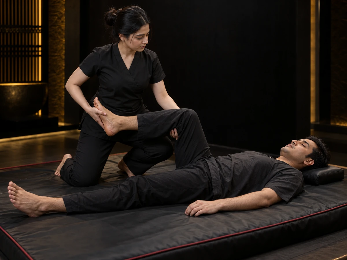 Therapist supporting a clothed guest's bent leg during an assisted stretch