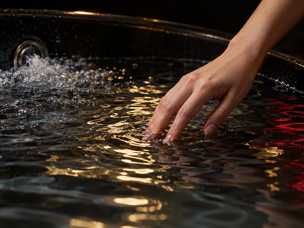 A hand touching bubbling water in a jacuzzi